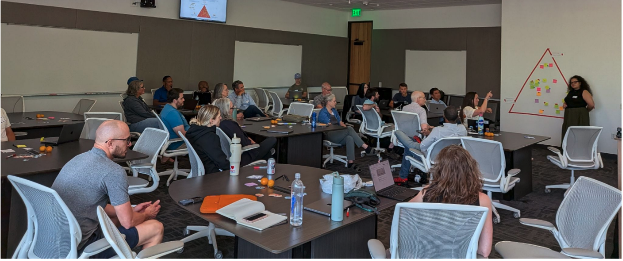 A room full of seated Hackday participants is looking toward the presenter of the breakout group activity. The activity is displayed on a wall and made up of sticky notes within a triangle of red tape, representing the spectrum of audience perspectives on collaboration.